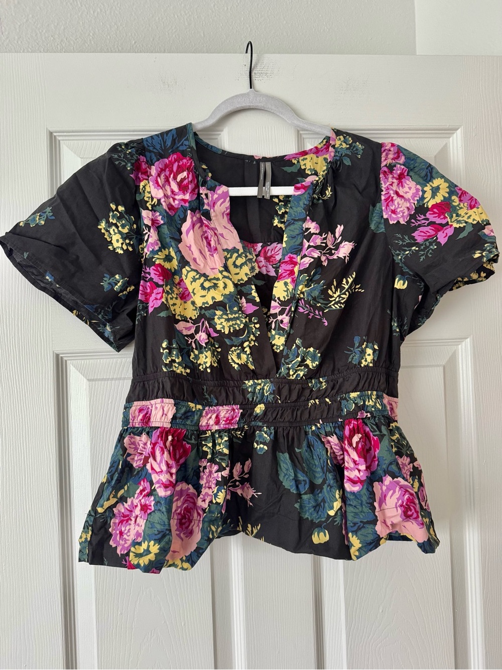 Anthropologie somerset Black Floral Peplum Blouse with Pink and Green Accents - Picture 2 of 4